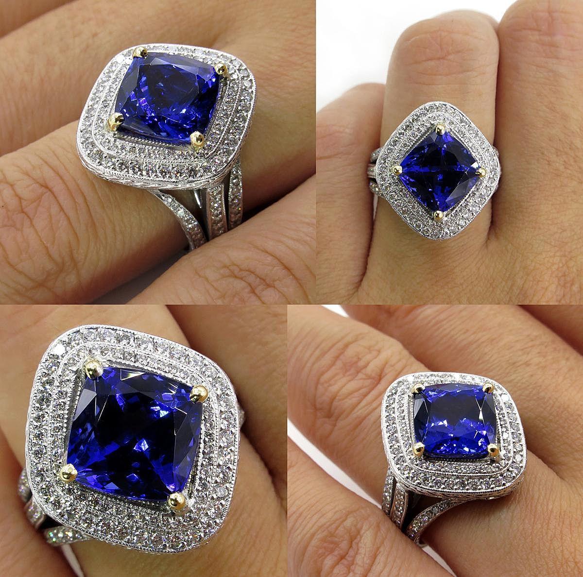 6.0 Carat Vintage Cushion Natural Dark Tanzanite Diamond Platinum 18 Karat Ring 5