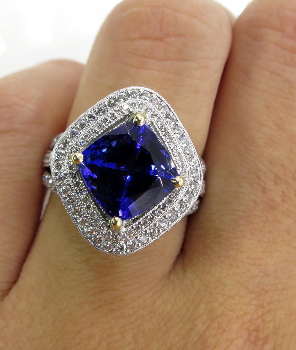 6.0 Carat Vintage Cushion Natural Dark Tanzanite Diamond Platinum 18 Karat Ring 8