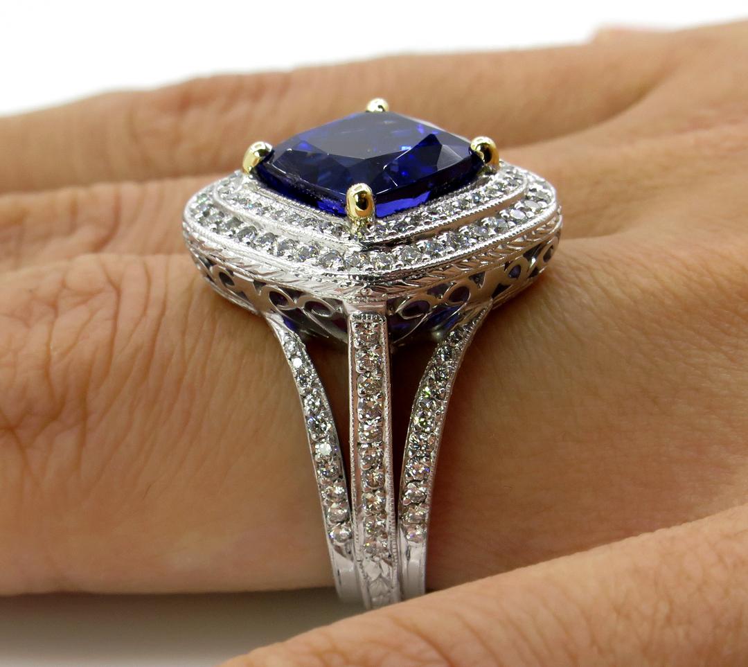 6.0 Carat Vintage Cushion Natural Dark Tanzanite Diamond Platinum 18 Karat Ring 10