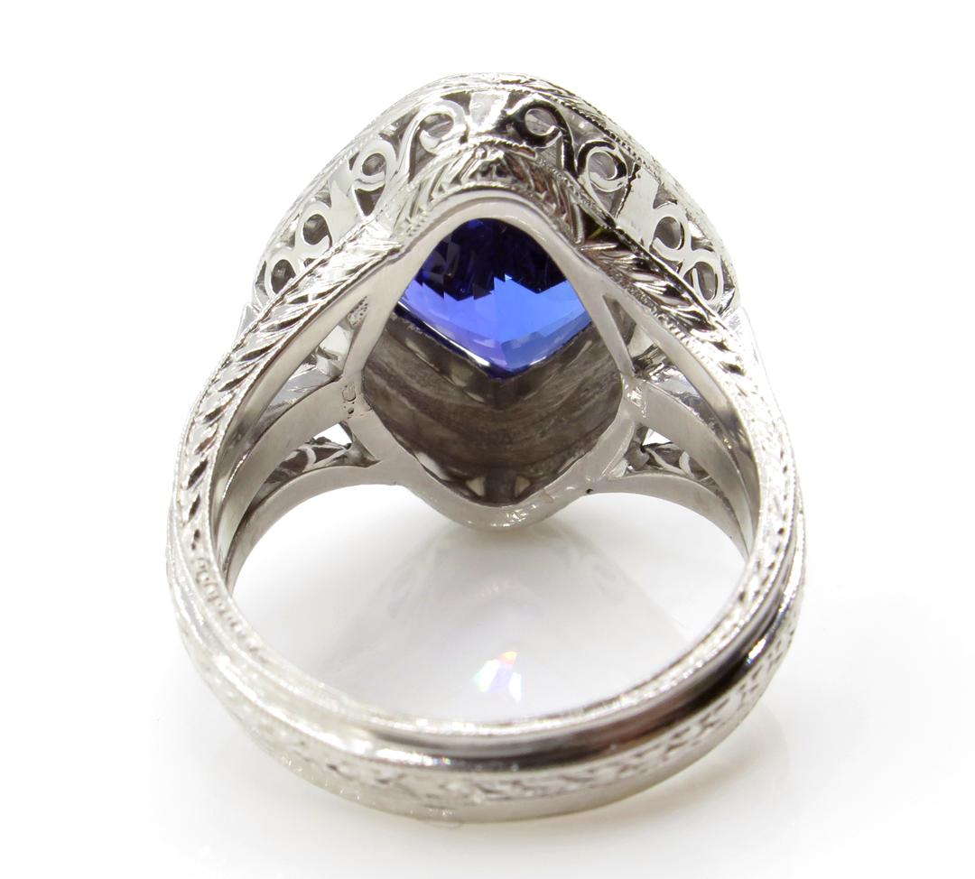 Women's 6.0 Carat Vintage Cushion Natural Dark Tanzanite Diamond Platinum 18 Karat Ring