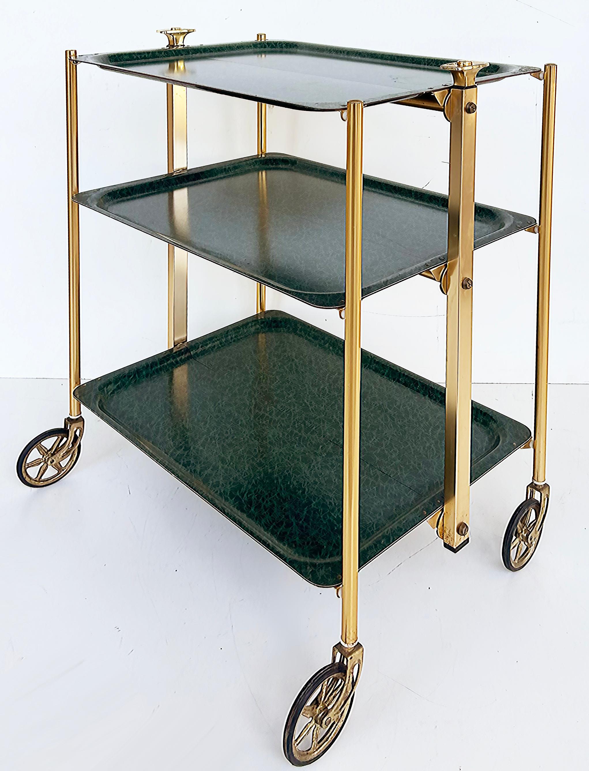 '60s 3-Tier Brass Lucite Folding Rolling Dessert Serving Cart on casters

Offered for sale is a vintage three-tiered brass and green and black plastic folding  dessert bar cart on casters.  This lovely cart can be folded and is fully collapsible for