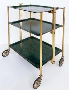 '60s 3-Tier Brass Lucite Folding Rolling Dessert Serving Cart on Casters