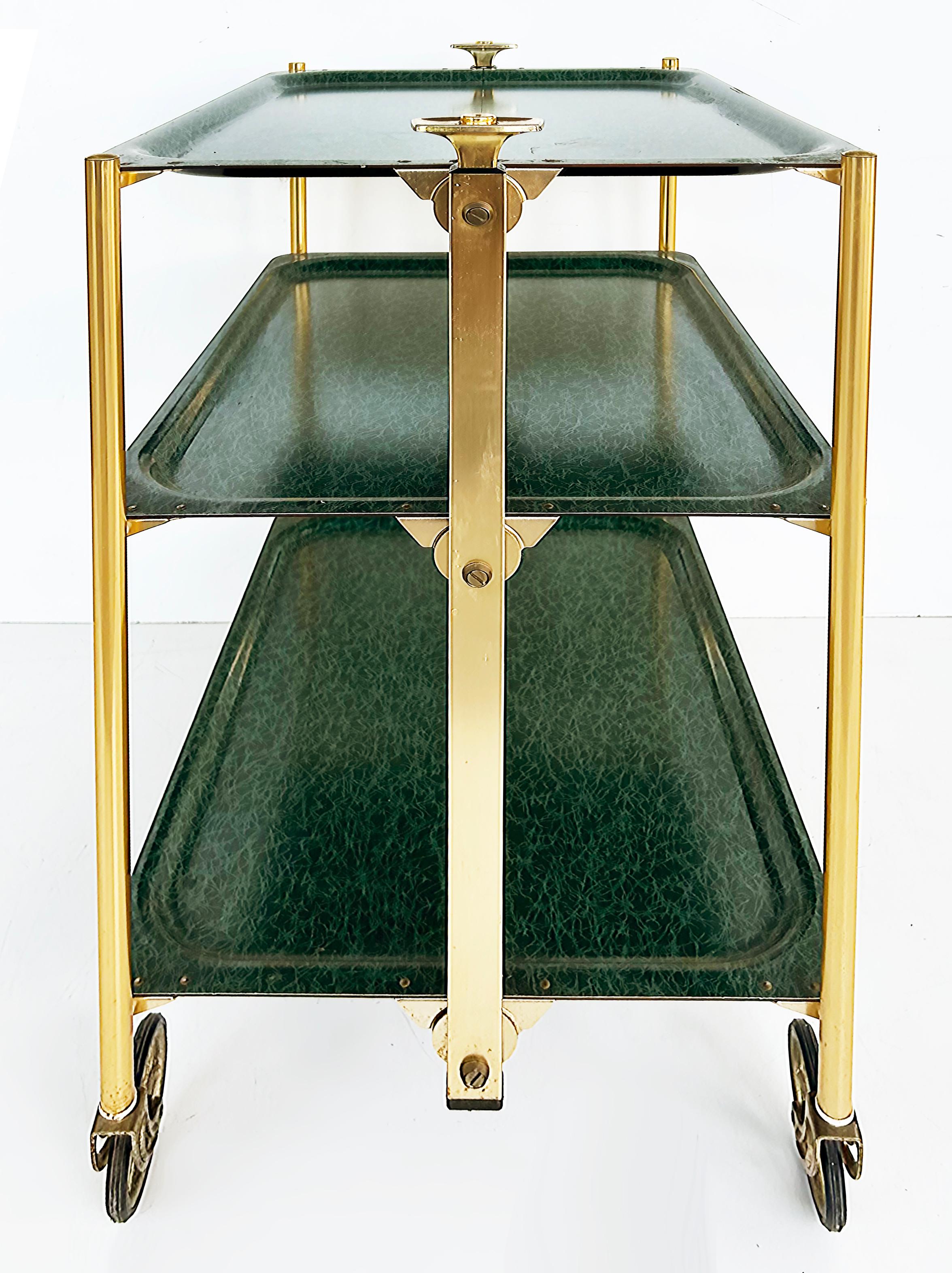 Mid-Century Modern '60s 3-Tier Brass Lucite Folding Rolling Dessert Serving Cart on Casters For Sale