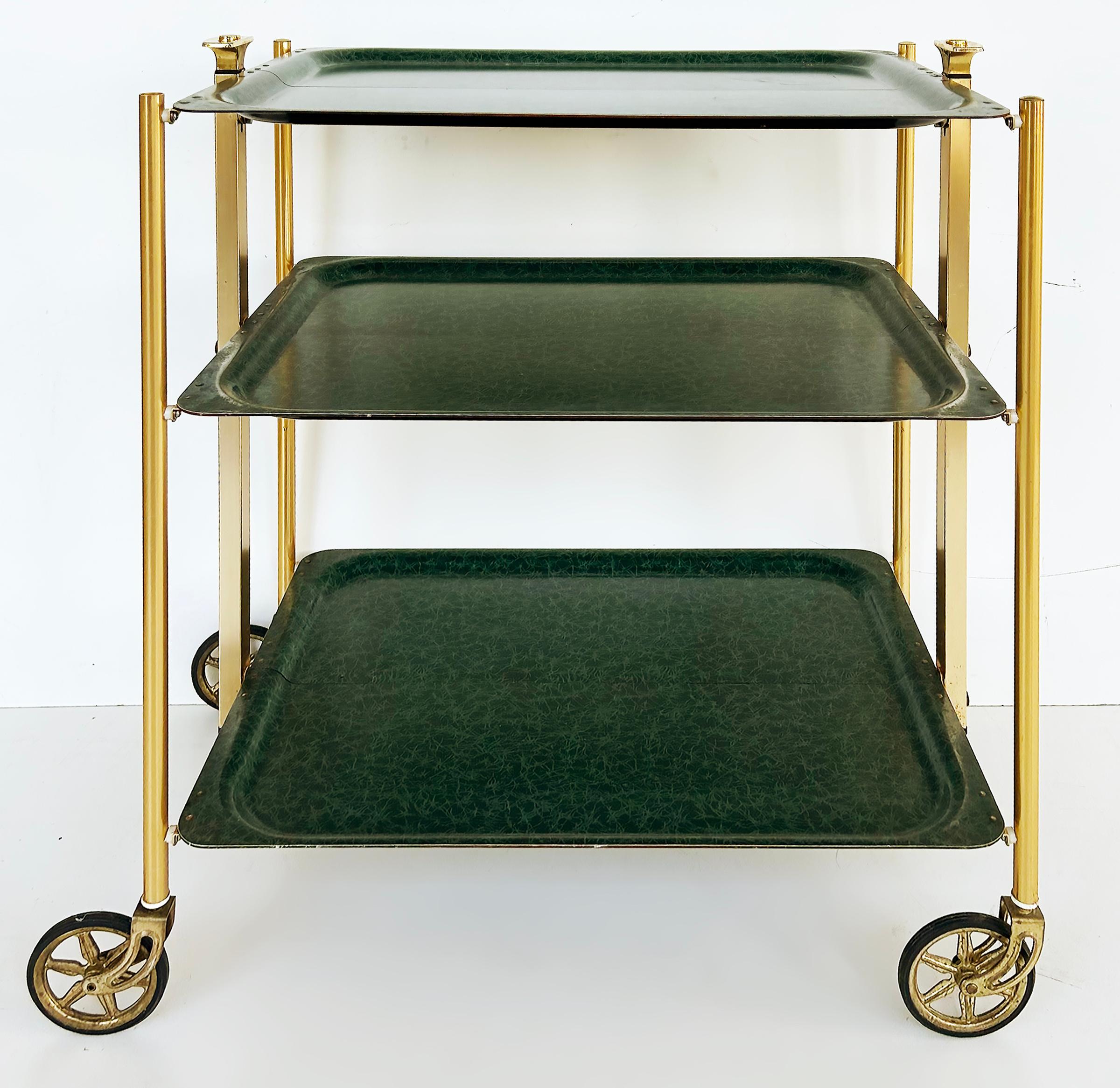 American '60s 3-Tier Brass Lucite Folding Rolling Dessert Serving Cart on Casters For Sale