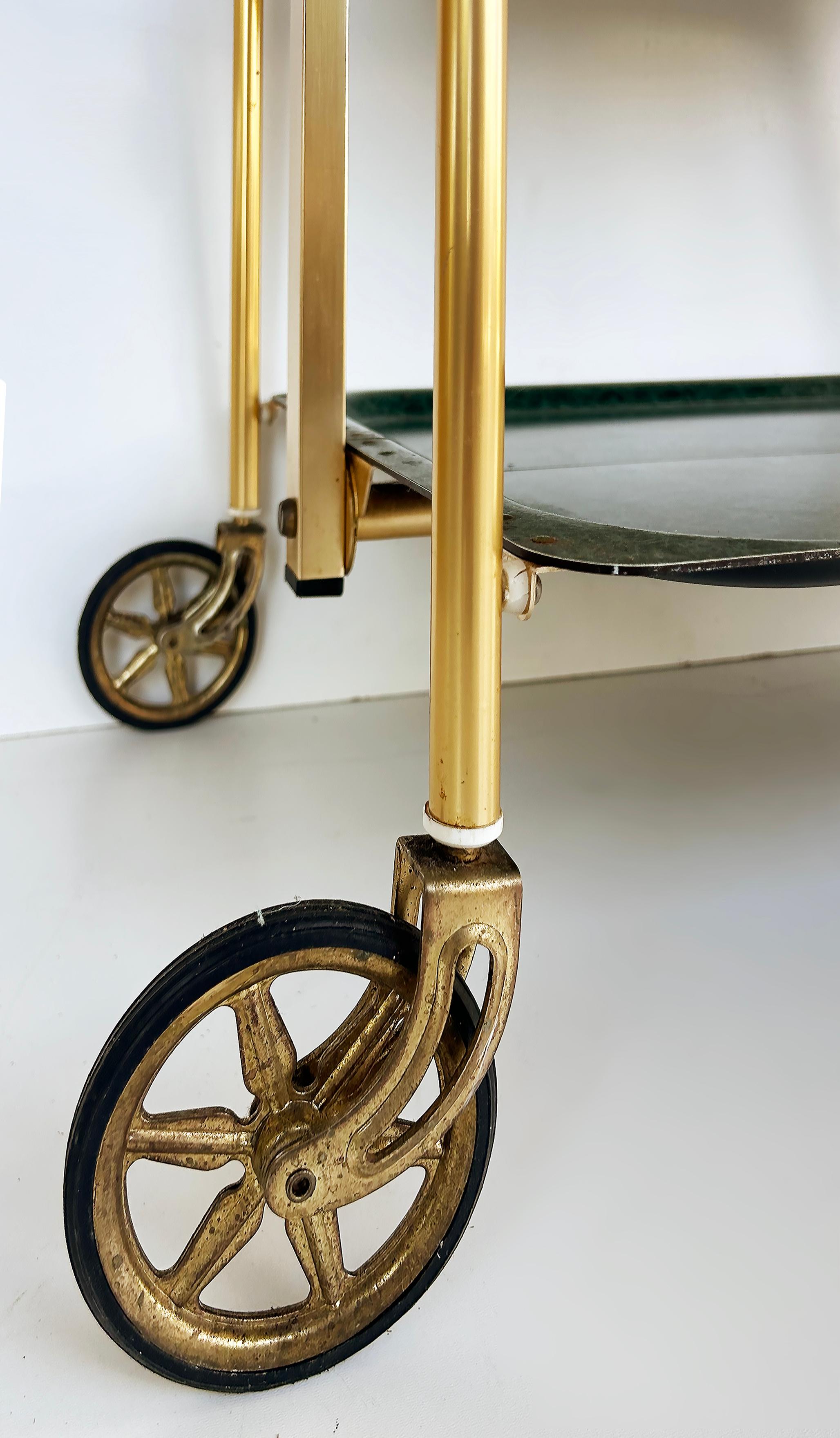 20th Century '60s 3-Tier Brass Lucite Folding Rolling Dessert Serving Cart on Casters For Sale