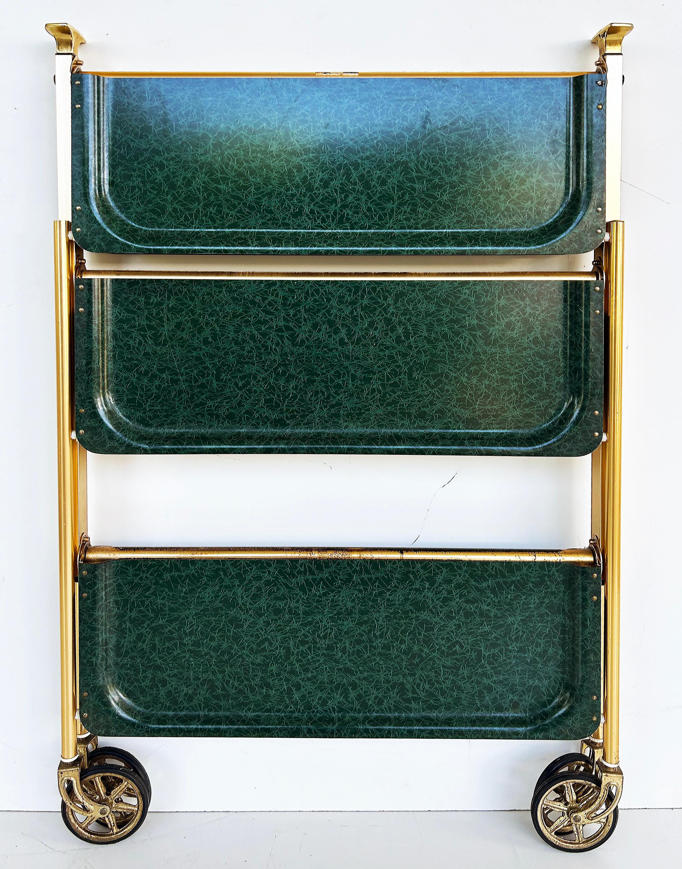 '60s 3-Tier Brass Lucite Folding Rolling Dessert Serving Cart on Casters For Sale 1