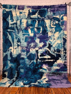 60's 70s Abstract Blue White Purple Hints UNUSED Mid Century Wool Rya Rug Modern