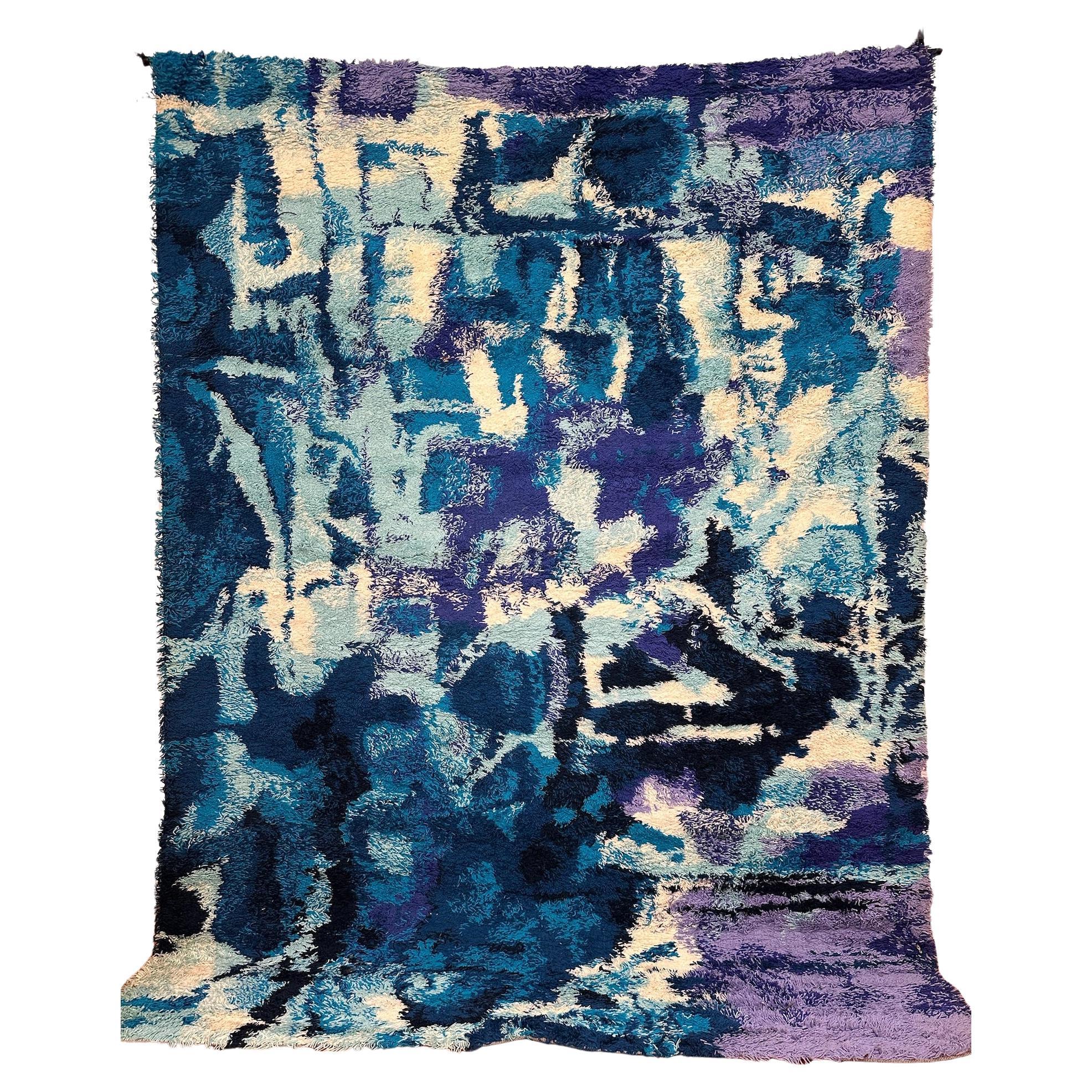 60
s 70s Abstrakt Blau Weiß Lila Andeutungen UNGEBRAUCHT Mid Century Wolle Rya Teppich Modern