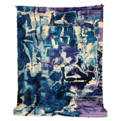 60's 70s Abstract Blue White Purple Hints UNUSED Mid Century Wool Rya Rug Modern