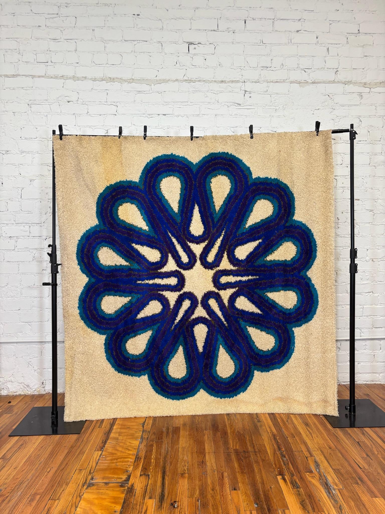 60's 70's Blue Flower Cream Background, UNUSED, Mid Century Modern ...