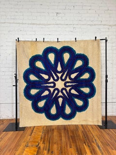 60's 70's Blue Flower In Cream Background UNUSED Mid Century Modern Wool Rya Rug