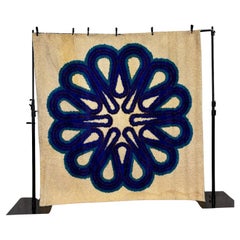 60's 70's Blue Flower In Cream Background UNUSED Mid Century Modern Wool Rya Rug