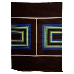 60's 70's Brown Background Green Blue Squares UNUSED Mid Century Wool Rya Rug