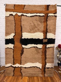 60's 70's Brown White Lattice Squares, UNUSED, Rya Rug, Modern Mid Century, Wool