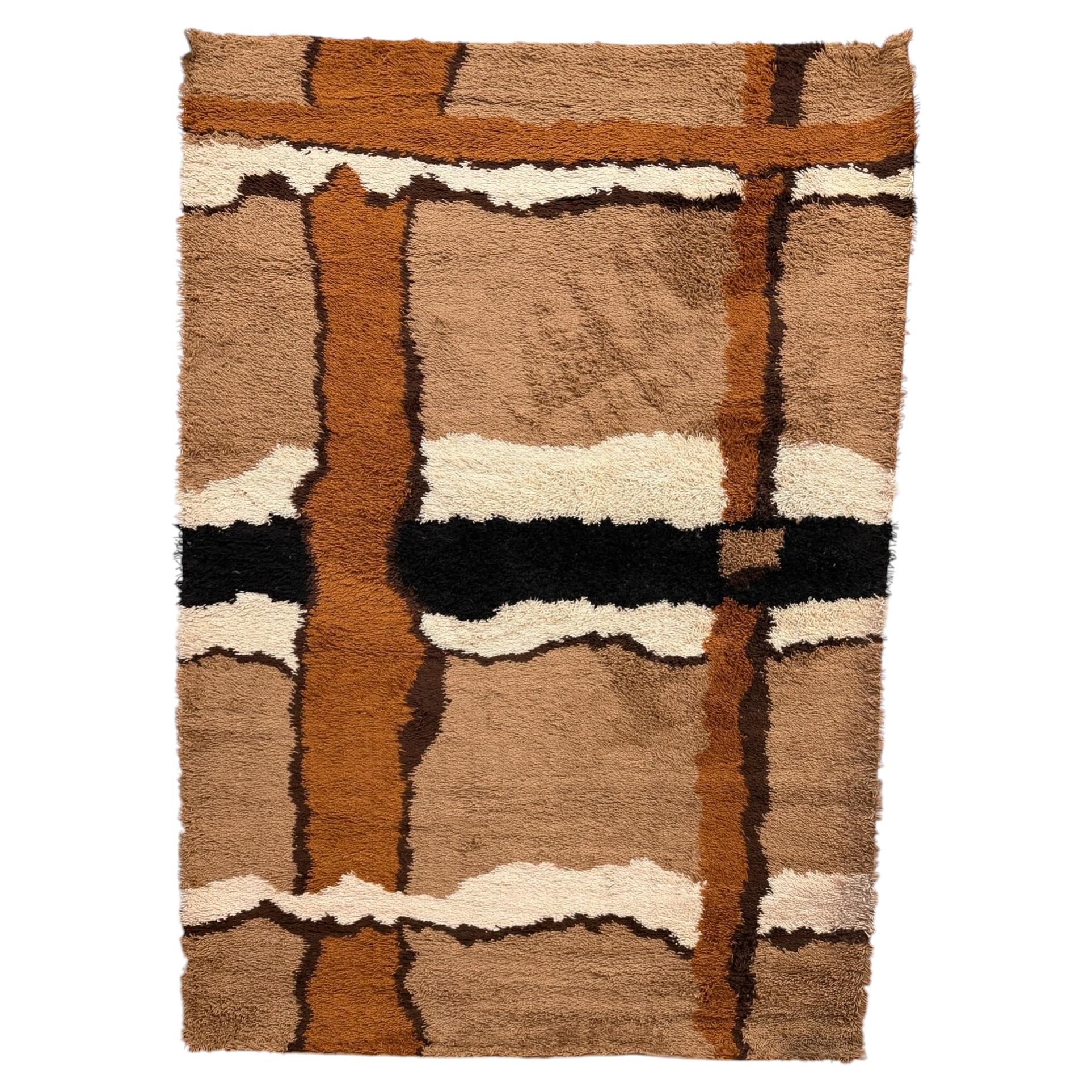 60's 70's Brown White Lattice Squares, UNUSED, Rya Rug, Modern Mid Century, Wool