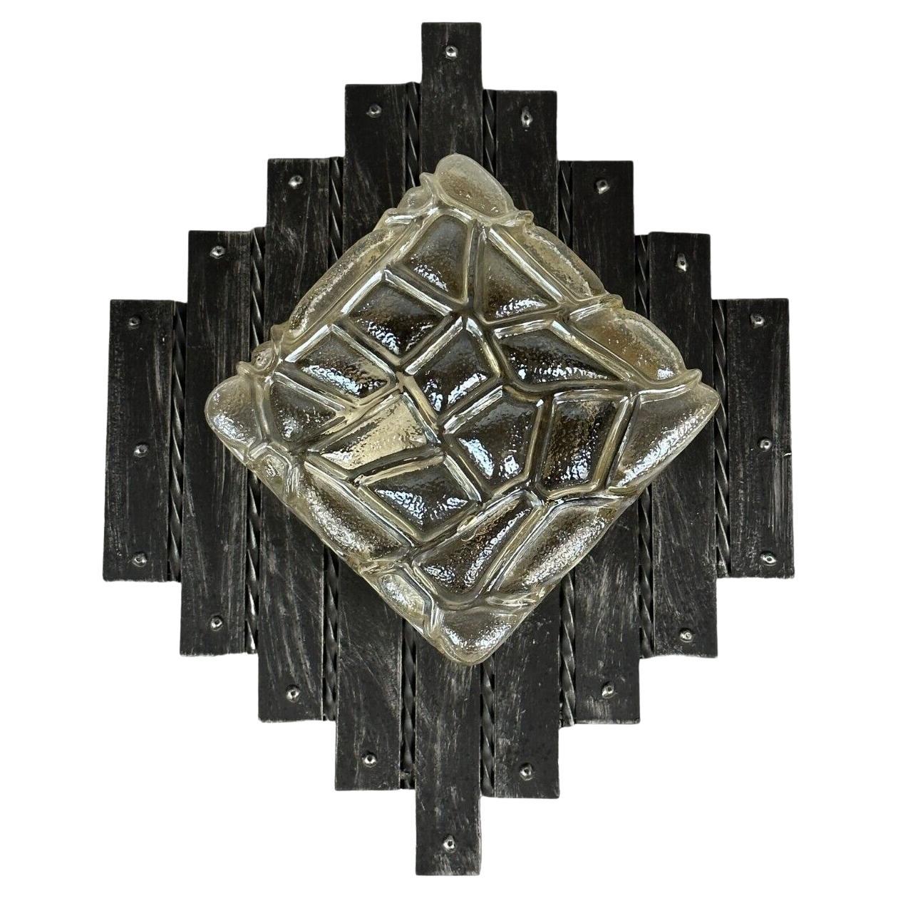 60's 70's Brutalist Wall Lamp Iron & Glass Wall Sconce For Sale