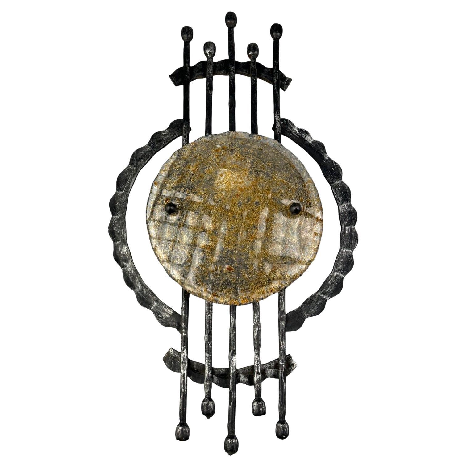 60s 70s Brutalist Wall Lamp Sconce Iron & Glass Wall Sconce Design For Sale