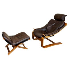 60s 70s Kroken Teak Easy Chair Leather Armchair Stool from Ake Fribytter Nelo