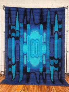 60's 70's Mirrored Blue Drip Abstract UNUSED Mid Century Modern Wool Rya Rug