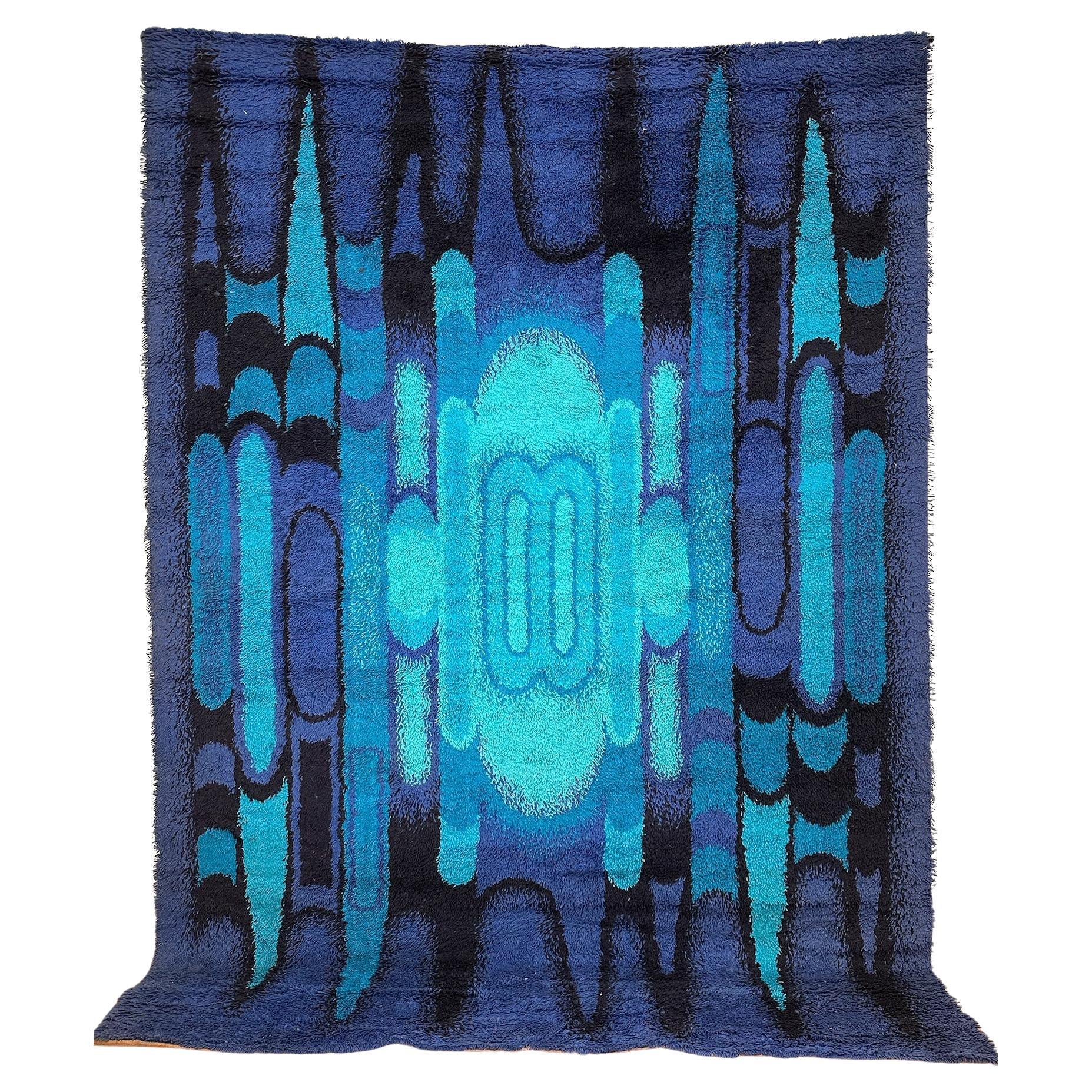 60
s 70
s Gespiegelt Blau Drip Abstrakt UNGEBRAUCHT Mid Century Modern Wolle Rya Rug im Angebot