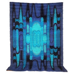 60's 70's Mirrored Blue Drip Abstract UNUSED Mid Century Modern Wool Rya Rug