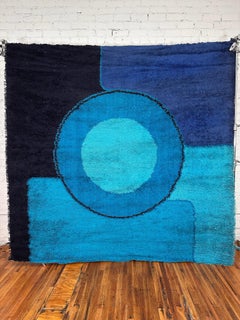60's 70's Navy Teal Blue Circle, UNUSED, Mid Century Modern, Wool, Rya Rug
