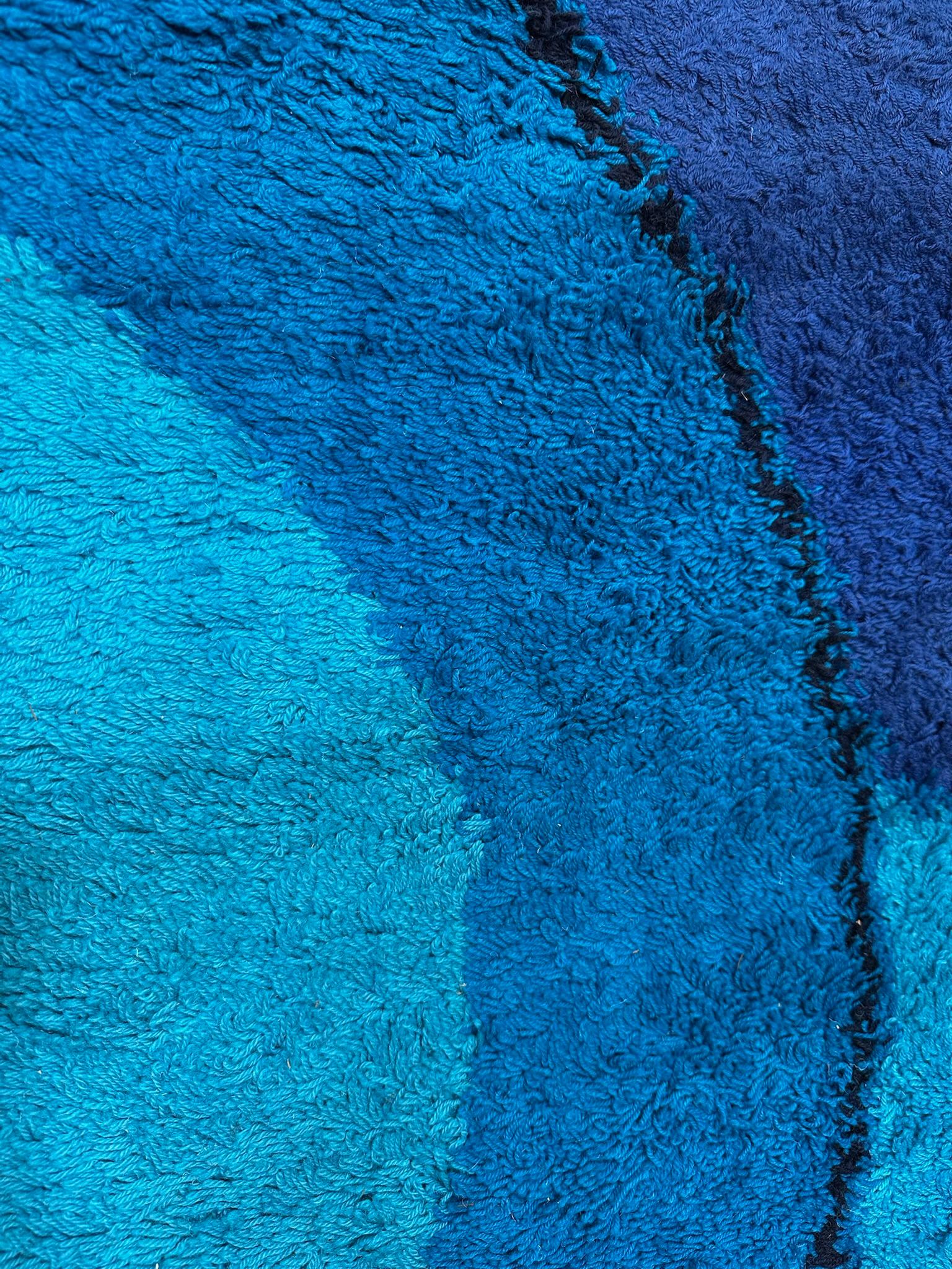 60's 70's Azul Marino Teal Círculo NO UTILIZADA Alfombra Rya de Lana Moderna de Mitad de Siglo en venta 1