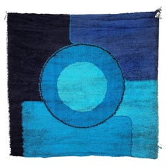 60's 70's Navy Teal Blau Kreis UNGEBRAUCHT Mid Century Modern Wolle Rya Rug