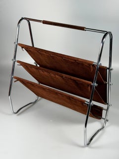 60s 70s Newspaper Holder Magazine Rack Metal Leather Mid Century Design