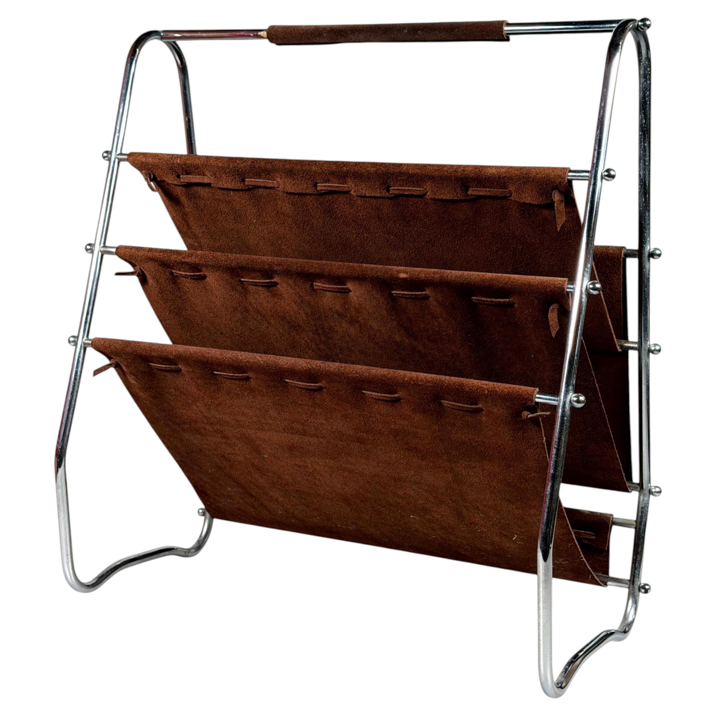 60s 70s Newspaper Holder Magazine Rack Metal Leather Mid Century Design