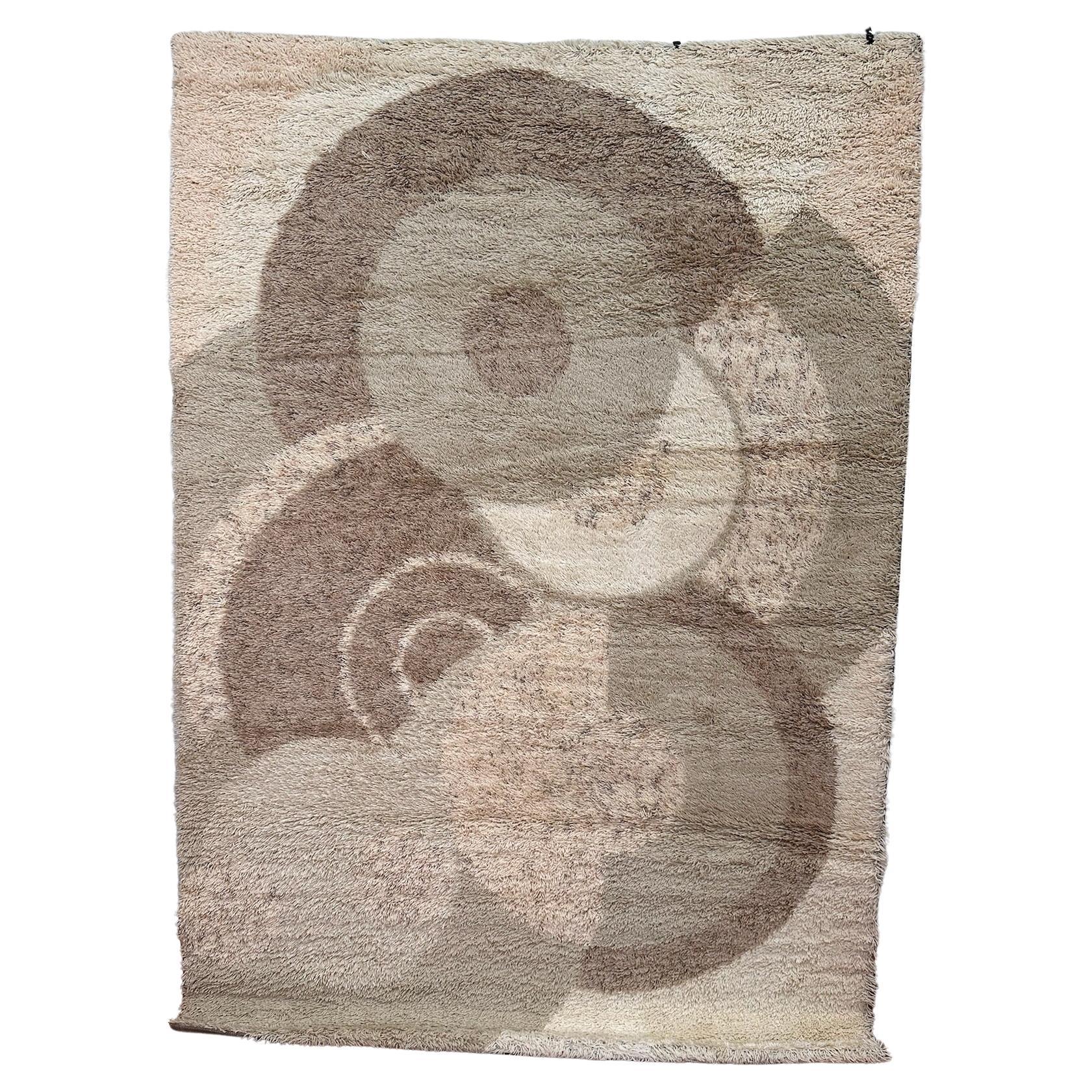 Tappeto Rya a cerchi sovrapposti anni '60-'70 Crema Marrone Chiaro INUTILIZZATO di lana della metà del secolo scorso