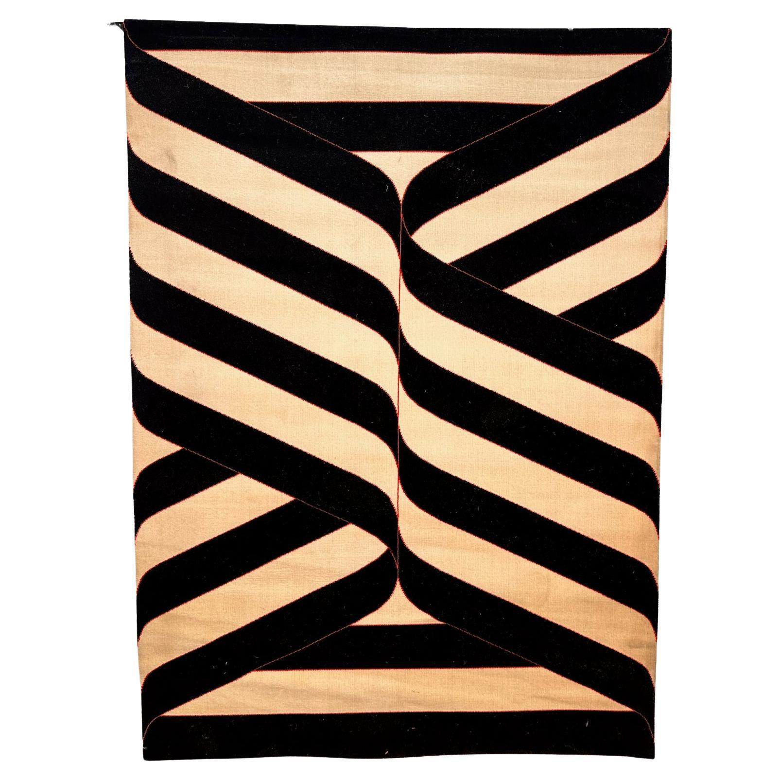 60
s 70
s Striped Zig Zag Cream Brown UNUSED Mid Century Modern Wool Rya Rug en vente