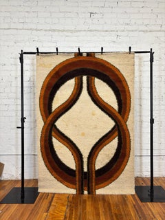 60's 70's WALLY'S Orange Brown Striped Circle UNUSED Mid Century Modern Rya Rug