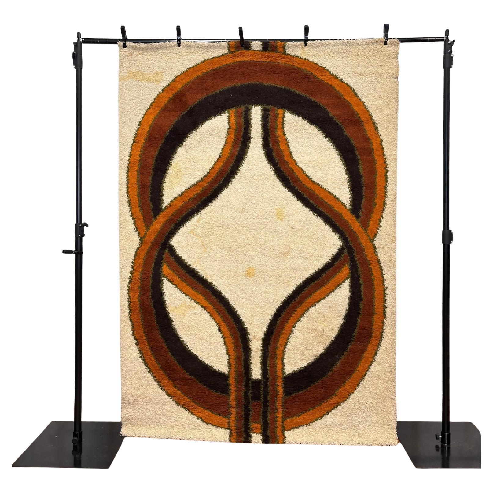 60's 70's WALLY'S Orange Brown Striped Circle UNUSED Mid Century Modern Rya Rug