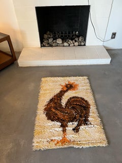 60's AIDA Rooster Cock Wool UNUSED Mid Century Modern Rya Rug Cream Yellow