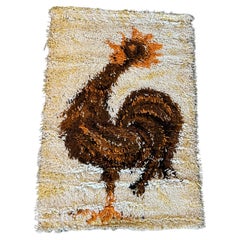 60's AIDA Rooster Cock Wool UNUSED Mid Century Modern Rya Rug Cream Yellow