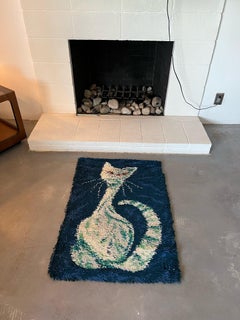 60's AIDA Turquoise Blues Green Cat Wool Modern UNUSED Rya Rug Mid Century Wool