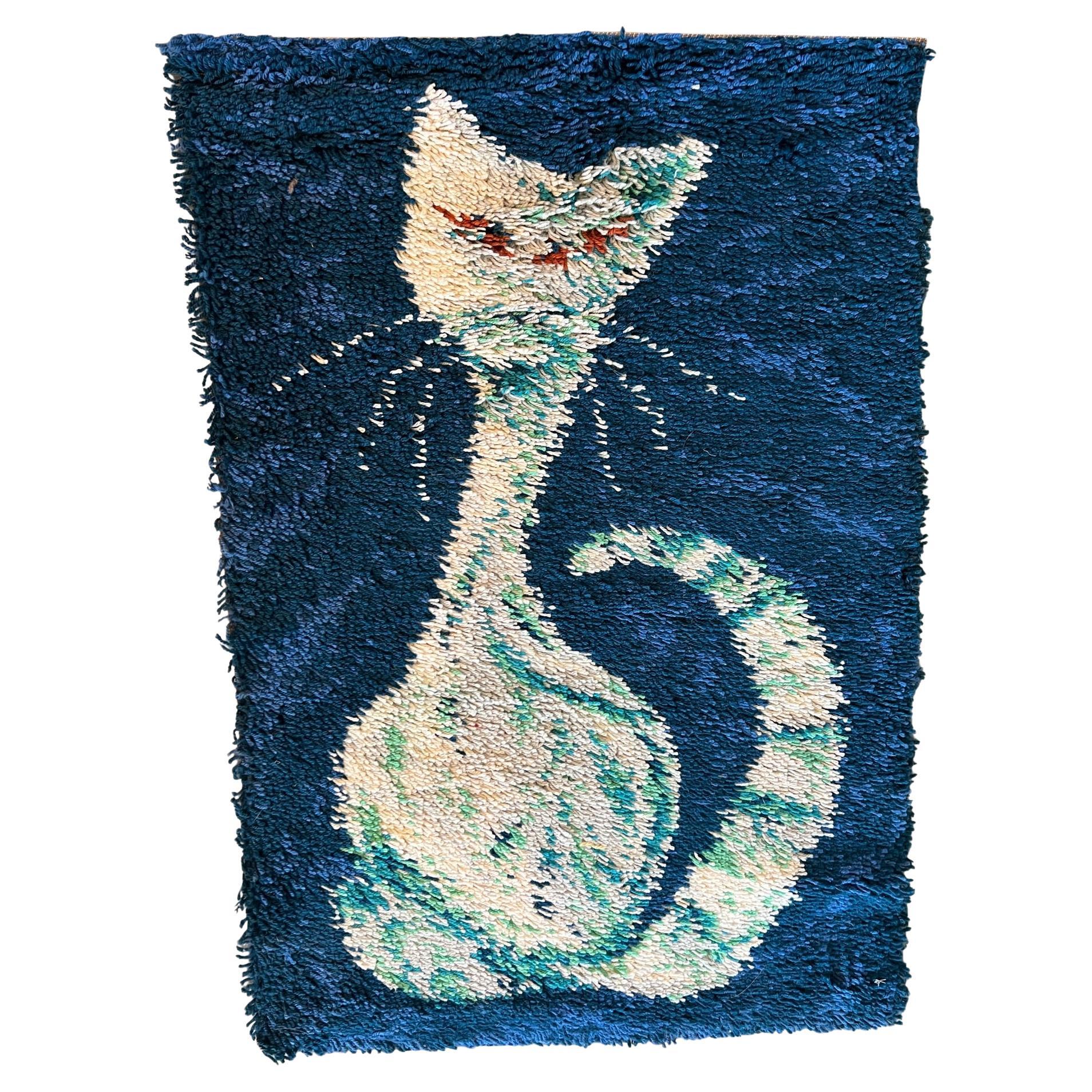 60's AIDA Turquoise Blues Green Cat Wool Modern UNUSED Rya Rug Mid Century Wool
