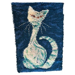 60's AIDA Turquoise Blues Green Cat Wool Modern UNUSED Rya Rug Mid Century Wool