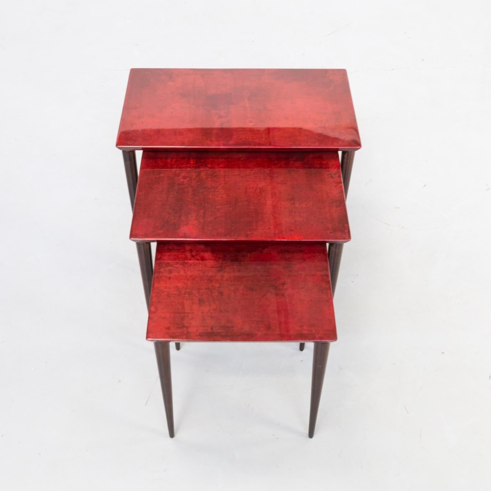 Mid-Century Modern 1960s Aldo Tura Nesting Tables in Red Goat Skin Tura Milano For Sale