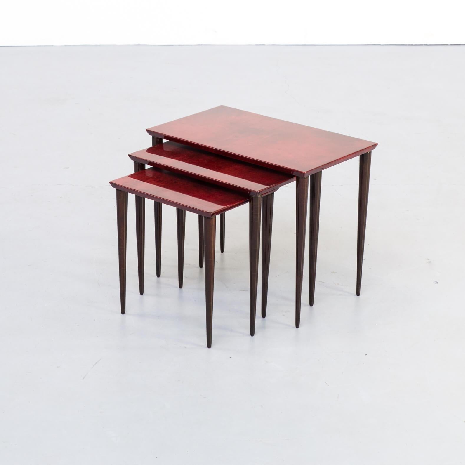 Italian 1960s Aldo Tura Nesting Tables in Red Goat Skin Tura Milano For Sale