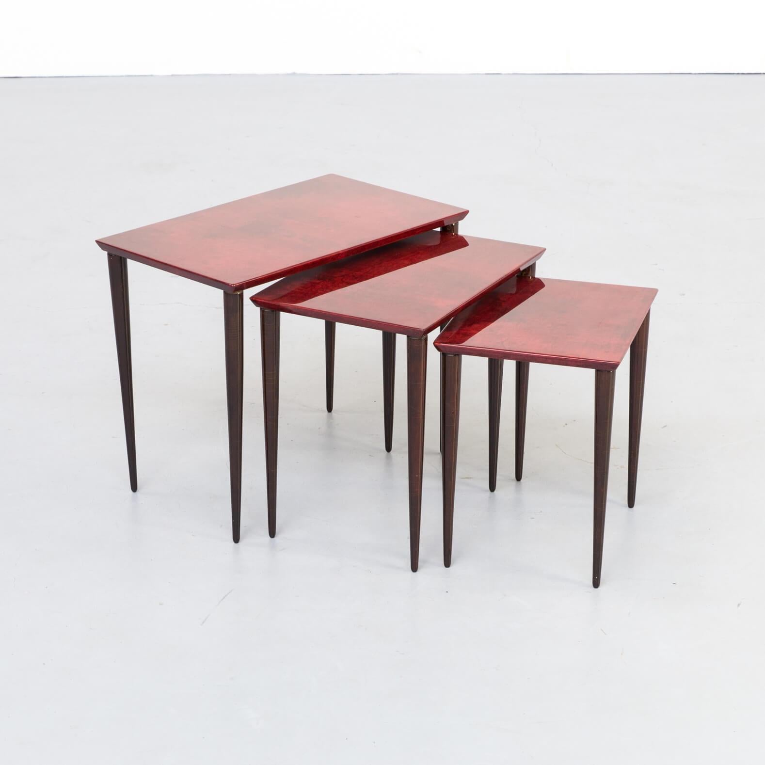 1960s Aldo Tura Nesting Tables in Red Goat Skin Tura Milano In Good Condition For Sale In Amstelveen, Noord