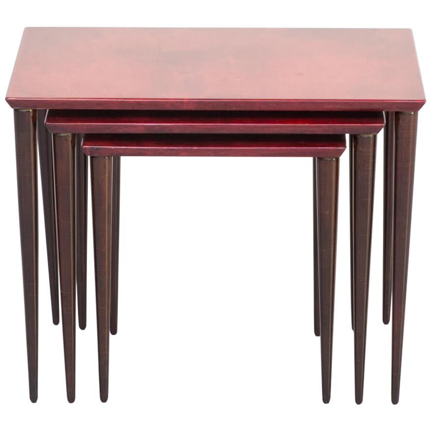 1960s Aldo Tura Nesting Tables in Red Goat Skin Tura Milano For Sale