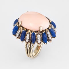 1960s Angel Skin Coral Lapis Diamond Ring Vintage 14 Karat Gold Cocktail Jewelry