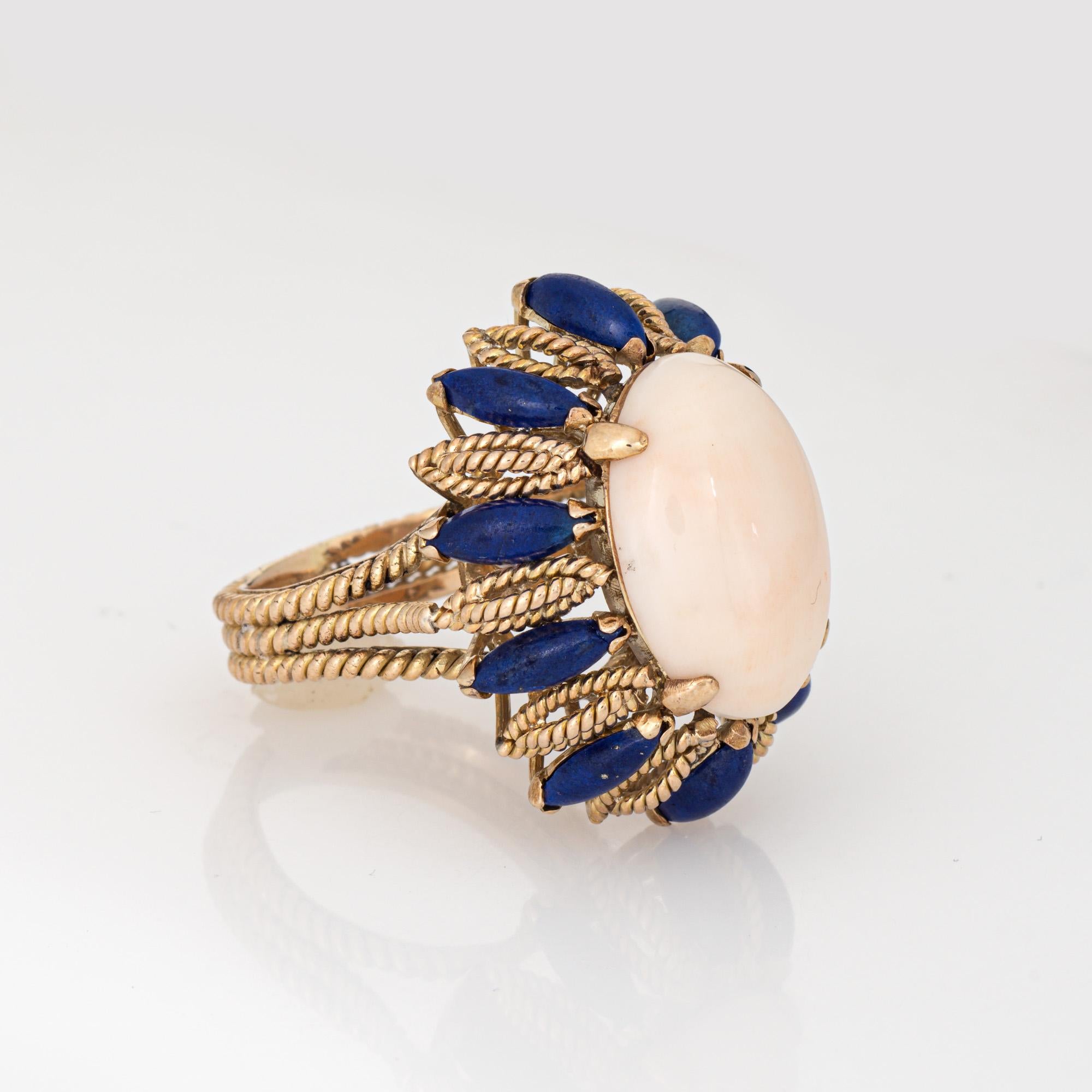 Modern 60s Angel Skin Coral Lapis Lazuli Ring Vintage 14k Gold Cocktail Jewelry For Sale