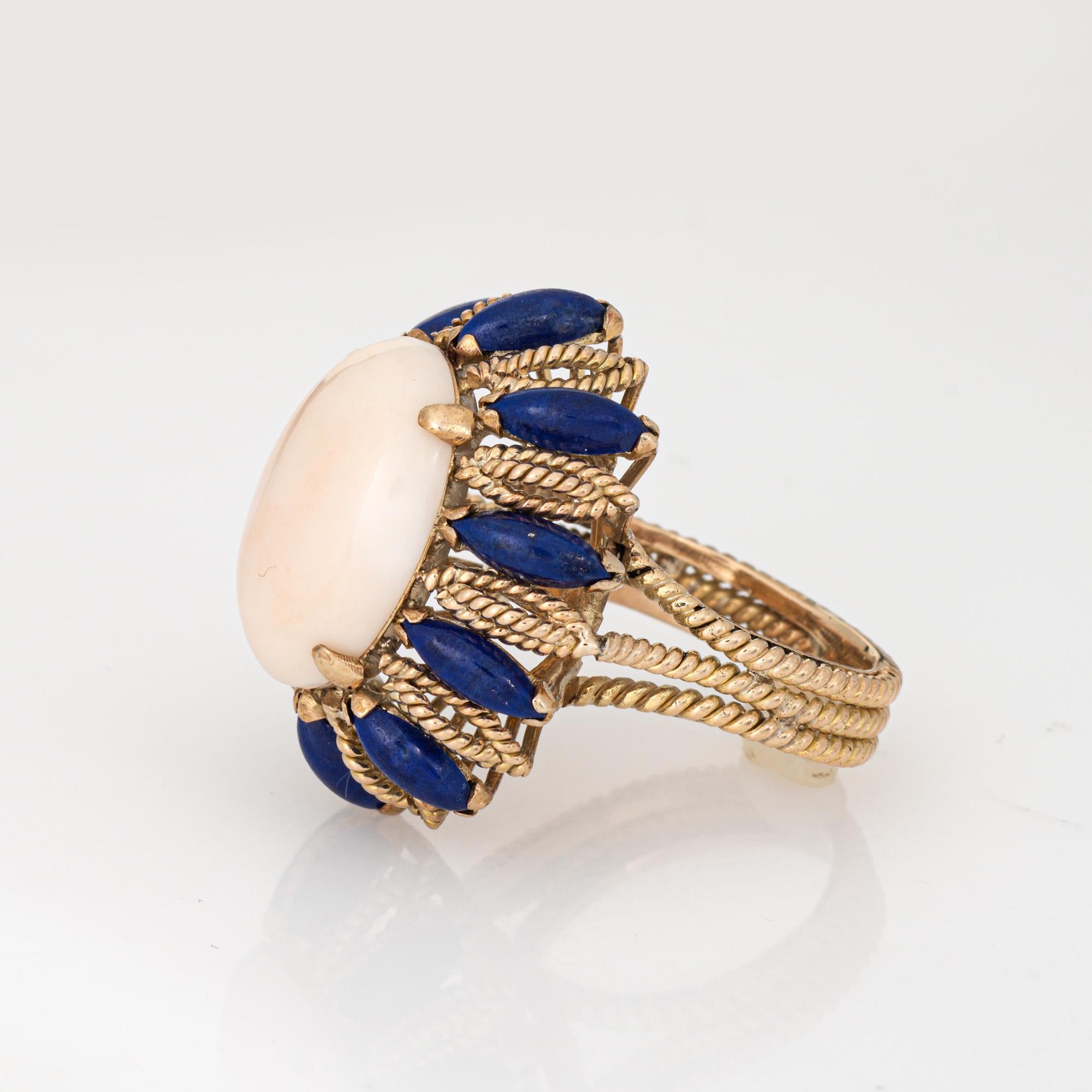 Cabochon 60s Angel Skin Coral Lapis Lazuli Ring Vintage 14k Gold Cocktail Jewelry For Sale