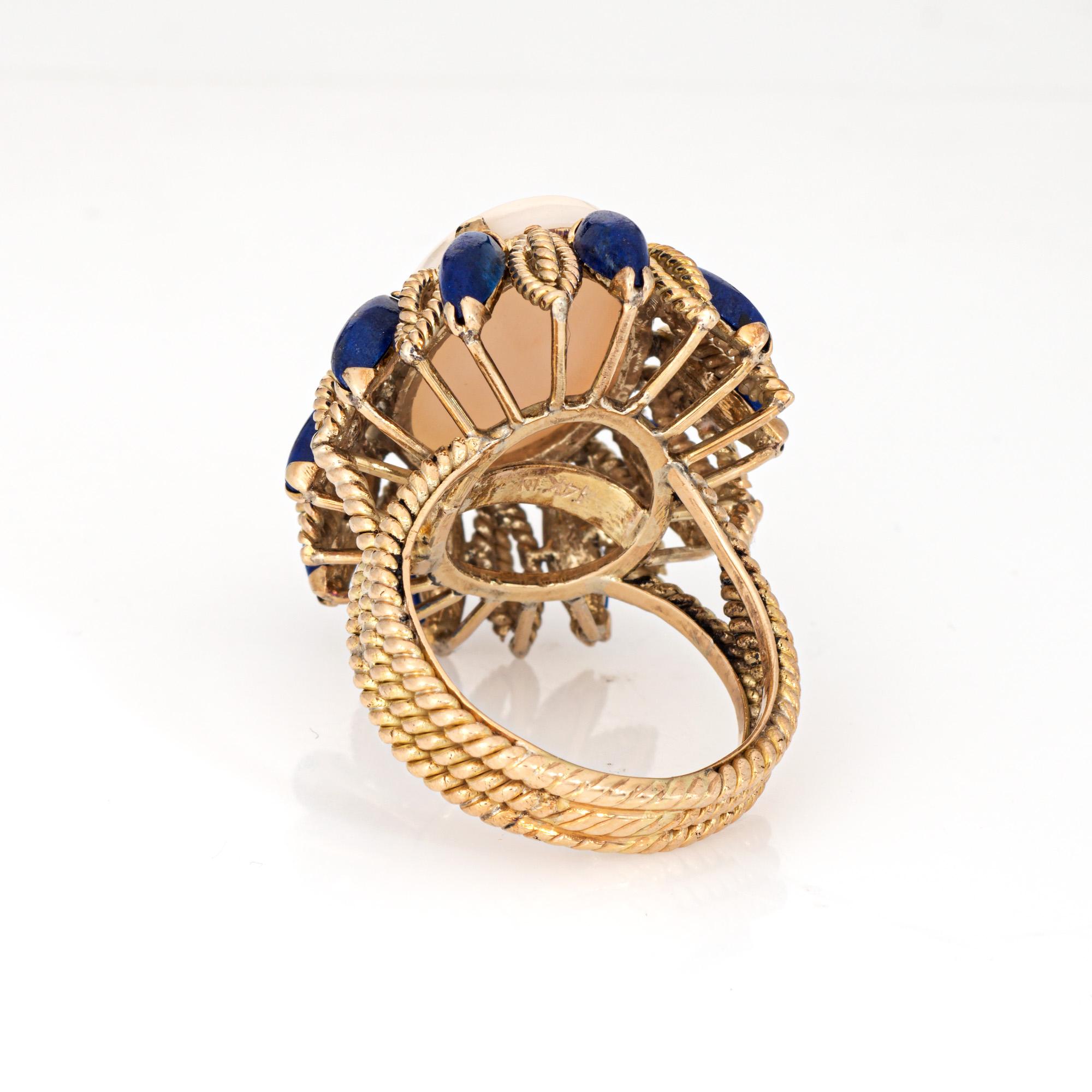 60s Angel Skin Coral Lapis Lazuli Ring Vintage 14k Gold Cocktail Jewelry In Good Condition For Sale In Torrance, CA
