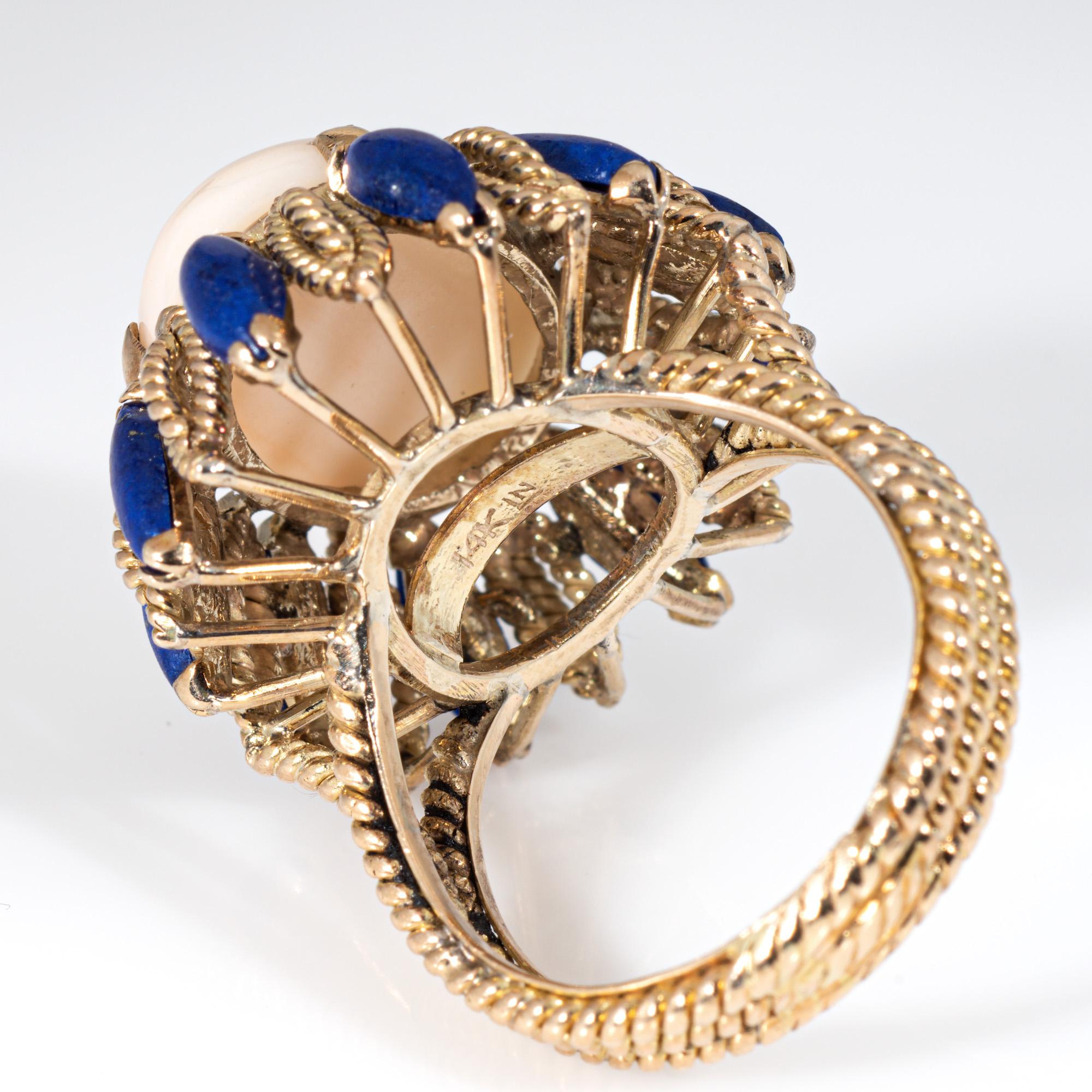 60s Angel Skin Coral Lapis Lazuli Ring Vintage 14k Gold Cocktail Jewelry For Sale 1