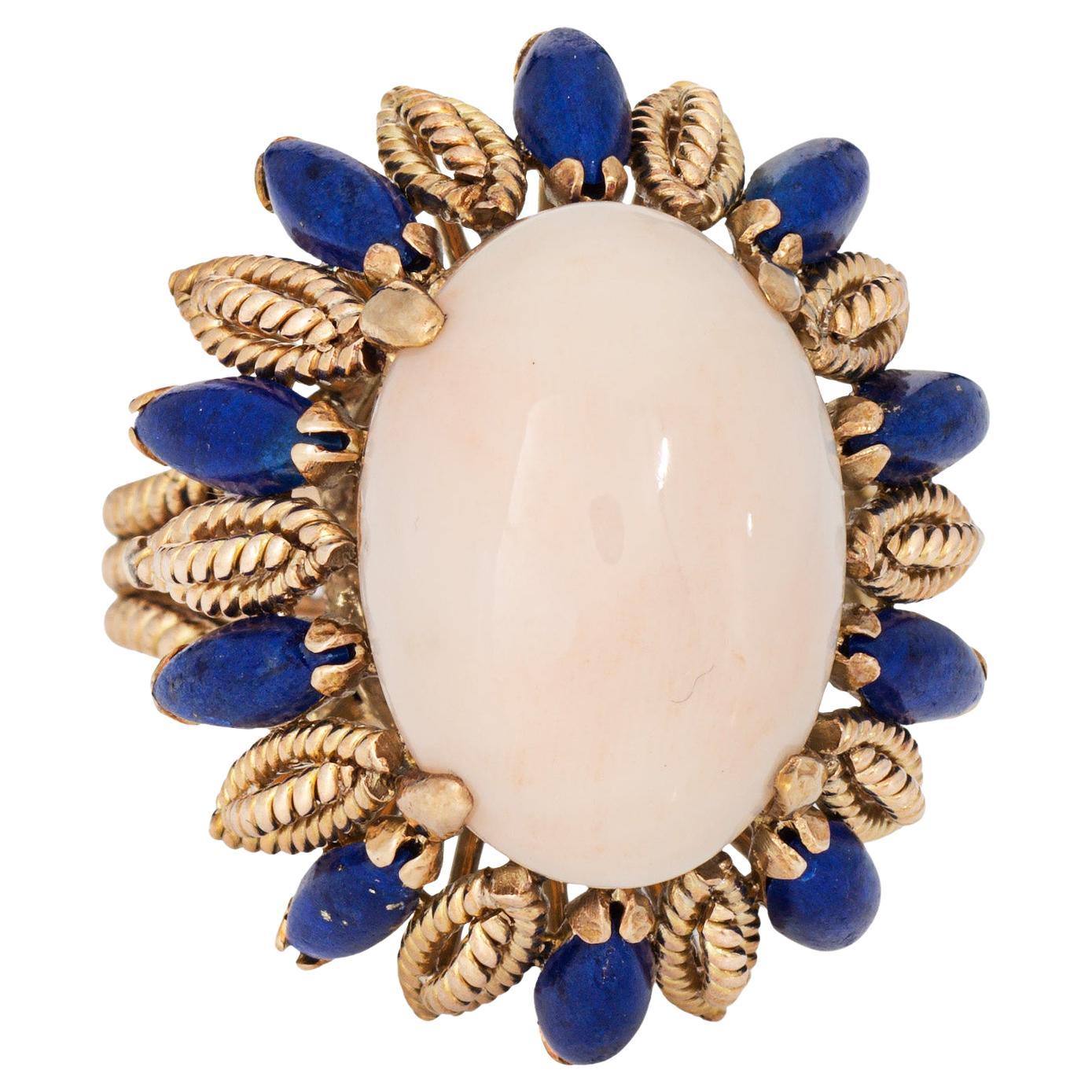 Anello anni '60 con pelle d'angelo, corallo e lapislazzuli, gioielli da cocktail in oro 14k vintage