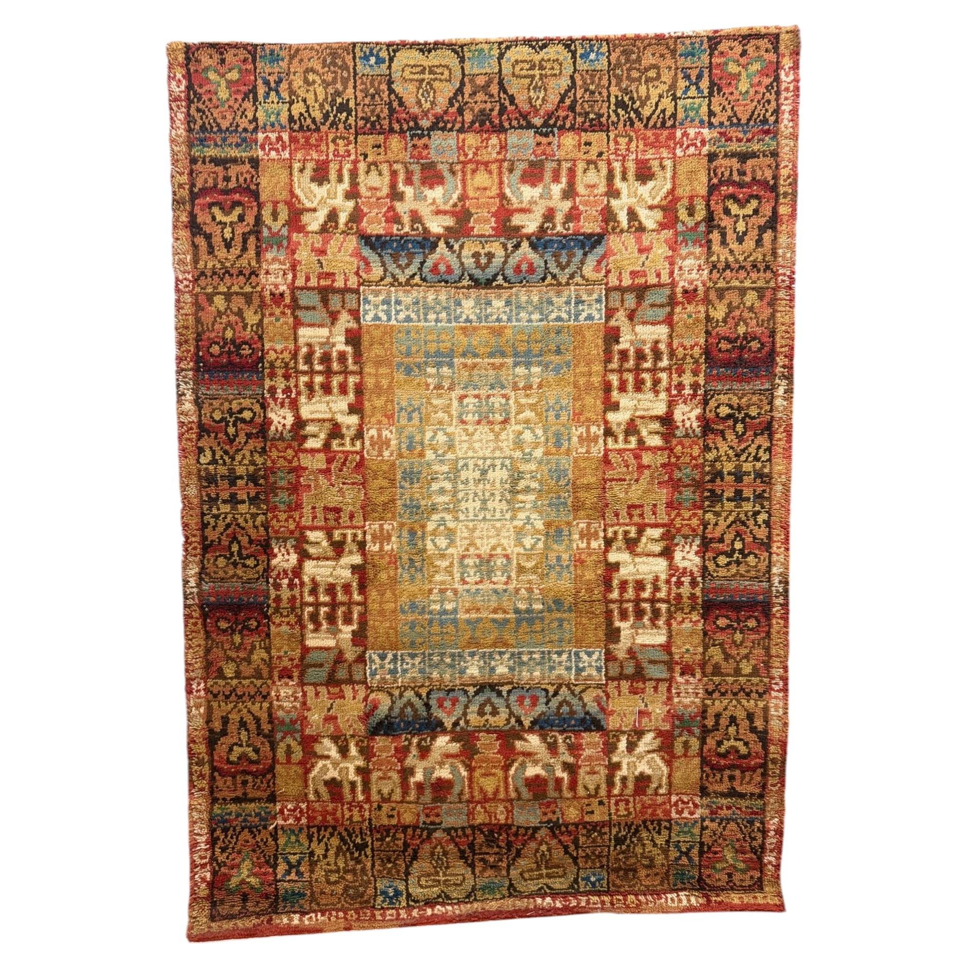 60s Bakhtiyari Smyrna, UNUSED, Mid Century Modern, Danish Rug, Black Brown Wool For Sale